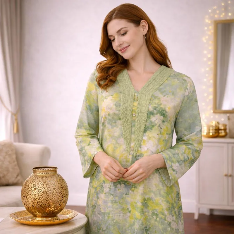 Artemea Women’s Mint watercolor print Jalabiya | Premium Rayon | Crochet-Style Neck Embroidery & Soft abstract Printed Finish